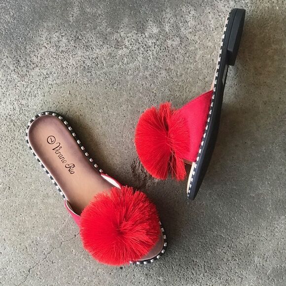 Restock! Summer Pom Pom Red Mule Slide Sandal - Picture 11 of 14